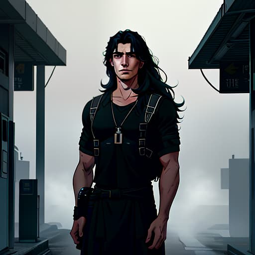  A boy with hair down to his shoulders, looking worn out, is standing next to a gas station in a black tunic and backpack. He faces the camera sideways. Here's the English translation: A boy with long hair down to his shoulders, looking tired, is standing next to a gas station in a black tunic and backpack. He faces the camera sideways., Character, Full body, Concept design, Sheet, Ultra wide view, Ultra detailed hyperrealistic, full body, detailed clothing, highly detailed, cinematic lighting, stunningly beautiful, intricate, sharp focus, f/1. 8, 85mm, (centered image composition), (professionally color graded), ((bright soft diffused light)), volumetric fog, trending on instagram, trending on tumblr, HDR 4K, 8K