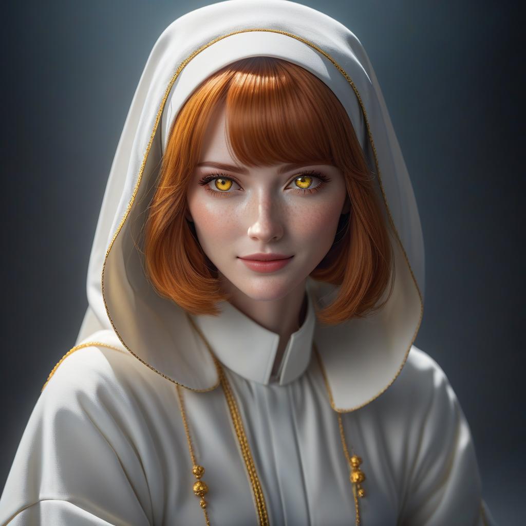  1, (), age , , body, flat , small brests, nun, (full body), freckles, ginger hair, bob cut, bright yellow eyes, glowing eyes, white clothing, smile, sly smile, , (( face)), cunning, playing around, (extremely hyper detailed face), (masterpiece:1.4), (perfect eyes:1.1), (perfect hands), 2d, anime, extremely detailed clothes. hyperrealistic, full body, detailed clothing, highly detailed, cinematic lighting, stunningly beautiful, intricate, sharp focus, f/1. 8, 85mm, (centered image composition), (professionally color graded), ((bright soft diffused light)), volumetric fog, trending on instagram, trending on tumblr, HDR 4K, 8K