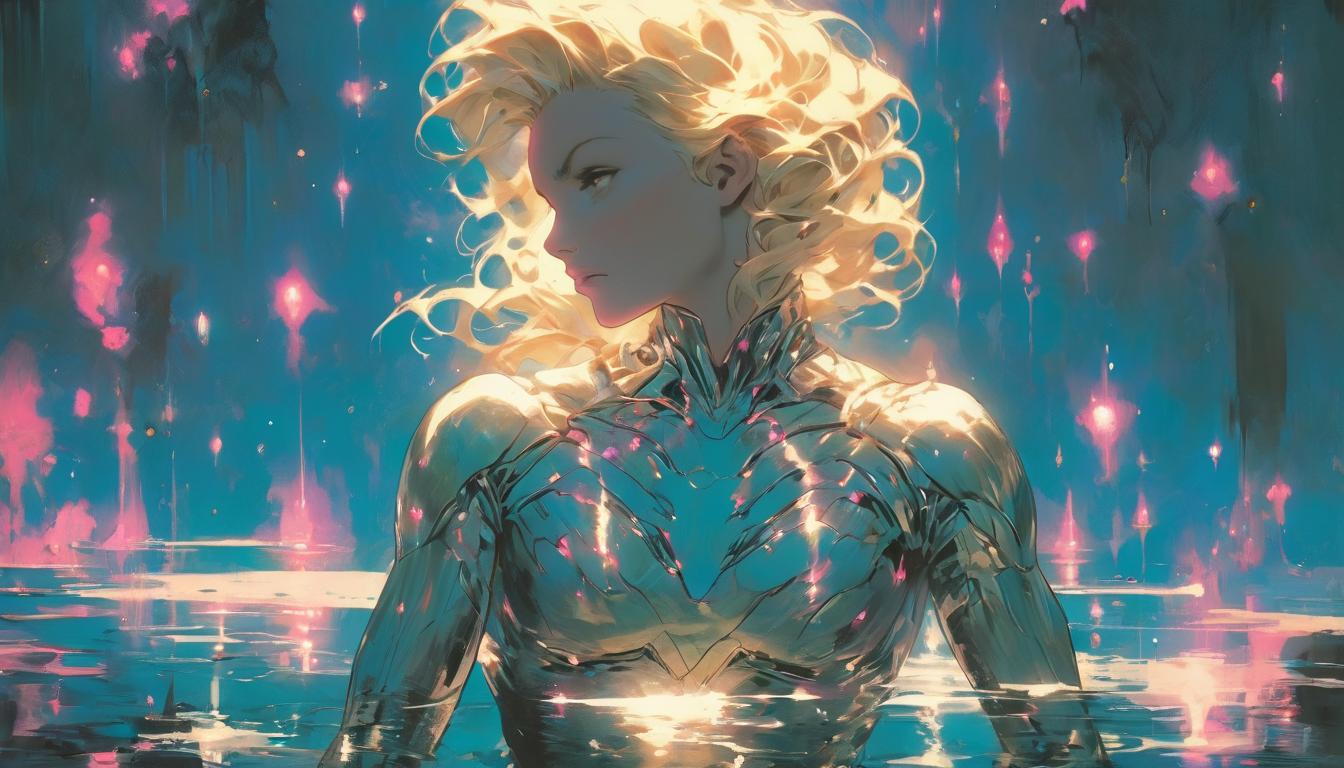  hyperrealism,fantasy aesthetic1woman, large busted attractive blonde arian female humanoid, looking into a still lake, reflection showing the cosmos, mood of thought as ripples, high tech clothing clad in sleek, futuristic costume with metallic accents and form fitting designs, marvel superhero comics style, unreal engine rendering