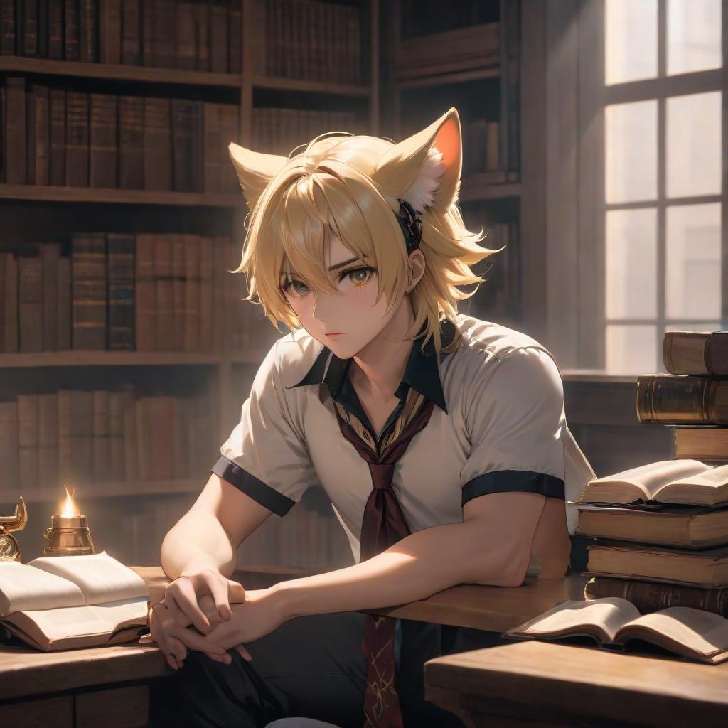  solo, looking at the viewer, blonde hair, shirt, 1 boy, animal ears, sitting, mouth closed, upper body, male in the spotlight, indoors, black eyes, lips, book, cosplay, forehead, realistic hyperrealistic, full body, detailed clothing, highly detailed, cinematic lighting, stunningly beautiful, intricate, sharp focus, f/1. 8, 85mm, (centered image composition), (professionally color graded), ((bright soft diffused light)), volumetric fog, trending on instagram, trending on tumblr, HDR 4K, 8K