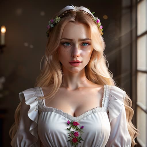  detailed and realistic portrait of a rapunzel maid with a few freckles, long blonde disheveled hairs, multicolor mesmerizing eyes, dark fluffy dress, soft natural lighting, portrait photography, magical photography, dramatic lighting, photo realism, ultra detailed, intimate portrait composition, flowers in background, Leica 50mm, f1. 4 hyperrealistic, full body, detailed clothing, highly detailed, cinematic lighting, stunningly beautiful, intricate, sharp focus, f/1. 8, 85mm, (centered image composition), (professionally color graded), ((bright soft diffused light)), volumetric fog, trending on instagram, trending on tumblr, HDR 4K, 8K