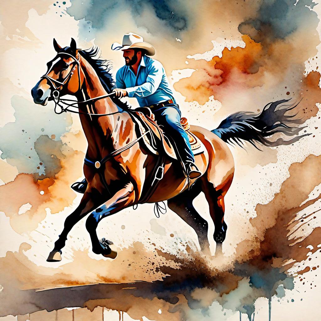  Create a watercolor painting of a man ridding a bucking horse at a rodeo. The background features soft, watercolor style splashes in earthy tones, giving the image an artistic and dreamy feel. Ensure the overall image has a delicate watercolor effect.