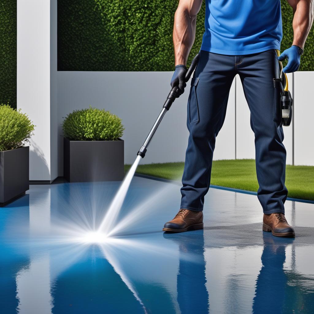  Design an advertisement for a pressure washing company. The ad should feature a high-pressure washer in action, cleaning a dirty surface to sparkling clean. Include the company name, a catchy tagline like 'Blast Away the Grime!', and contact information. Highlight the services offered, such as residential and commercial pressure washing. Use bright, clean colors like blue and white to convey cleanliness and freshness. Make the ad visually appealing and easy to read. hyperrealistic, full body, detailed clothing, highly detailed, cinematic lighting, stunningly beautiful, intricate, sharp focus, f/1. 8, 85mm, (centered image composition), (professionally color graded), ((bright soft diffused light)), volumetric fog, trending on instagram, trending on tumblr, HDR 4K, 8K