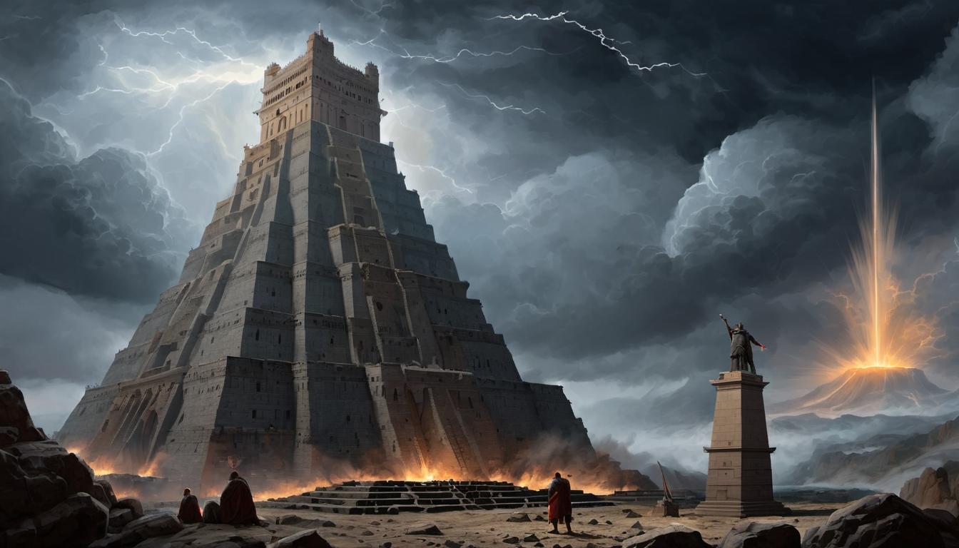  digital painting of Nimrod standing defiantly at the base of the Tower of Babel, arms raised as if issuing a challenge to the heavens, dramatic lighting, stormy, determined looking at viewer, dynamic pose, (intricate details, masterpiece, best quality)