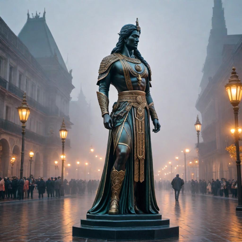  Revisualize the statue of Santan described in the previous message. hyperrealistic, full body, detailed clothing, highly detailed, cinematic lighting, stunningly beautiful, intricate, sharp focus, f/1. 8, 85mm, (centered image composition), (professionally color graded), ((bright soft diffused light)), volumetric fog, trending on instagram, trending on tumblr, HDR 4K, 8K