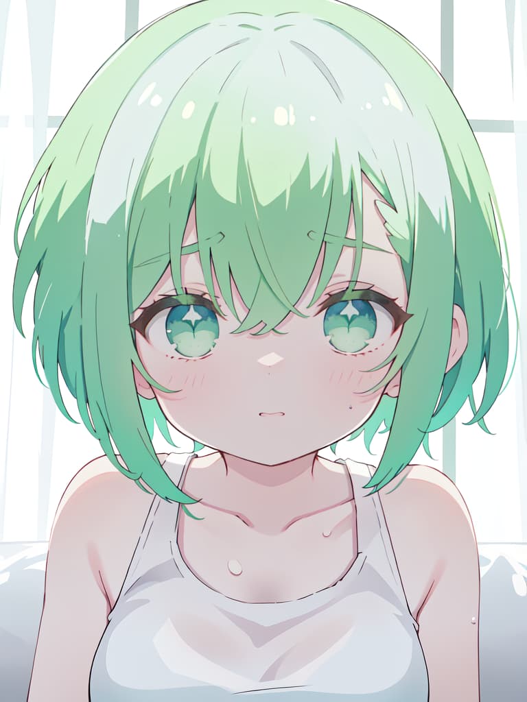  Green hair short hair girls sweaty white tank top, being pushed down by white sheets, the white tank top is transparent and transparent., masterpiece, best quality,8k,ultra detailed,high resolution,an extremely delicate and beautiful,hyper detail