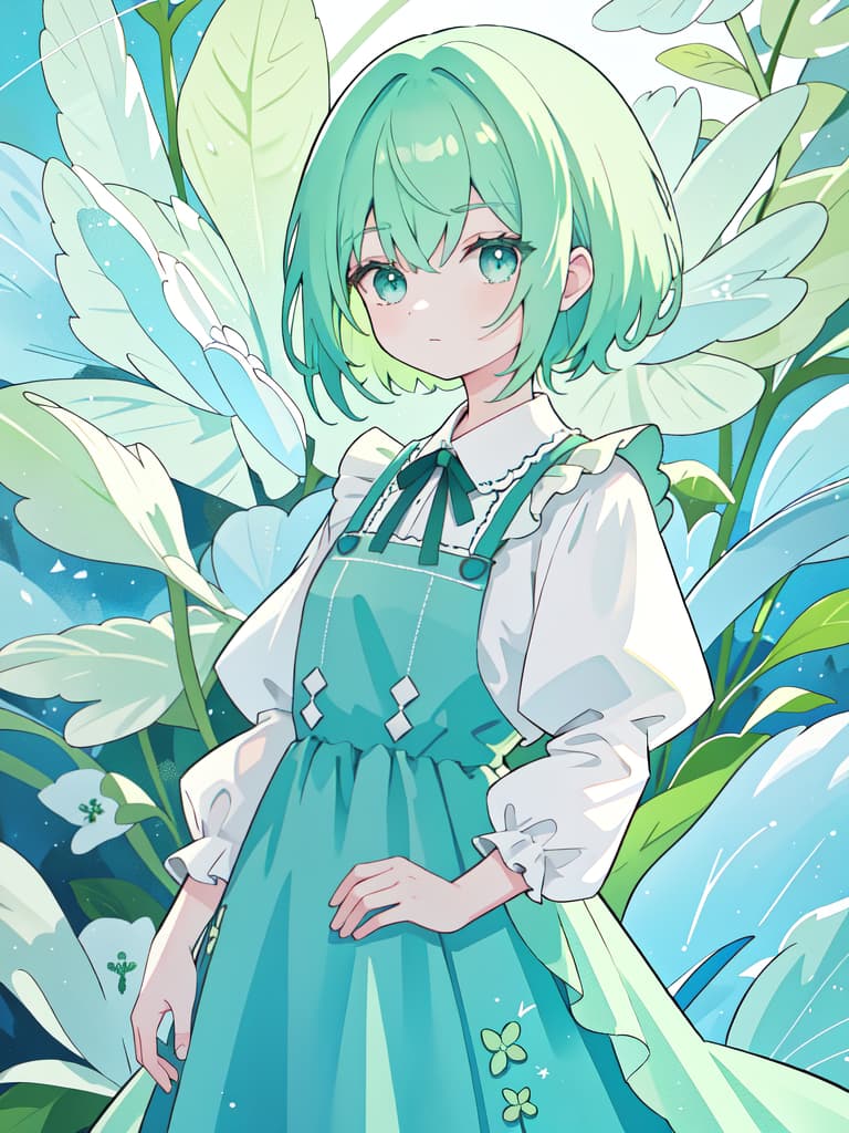  Green hair character in a blue smock, masterpiece, best quality,8k,ultra detailed,high resolution,an extremely delicate and beautiful,hyper detail