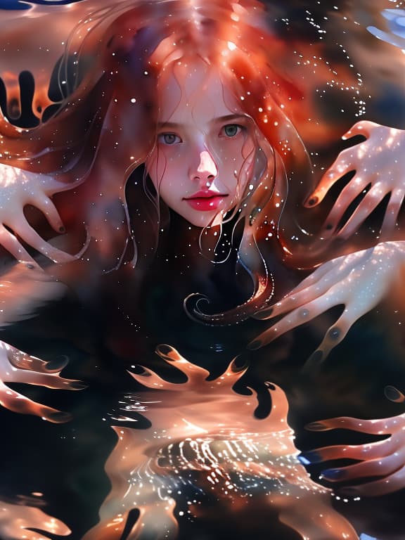  4k, a in the water, drowning, looking up, not enough air, watercolor, small s, long hair, dark background, hands from above trying to save her, she stretches out her arms to them, she is with her head in the water.A beautiful figure, (Watercolor painting) soft colors ,fluid strokes ,transparent layers hyperrealistic, full body, detailed clothing, highly detailed, cinematic lighting, stunningly beautiful, intricate, sharp focus, f/1. 8, 85mm, (centered image composition), (professionally color graded), ((bright soft diffused light)), volumetric fog, trending on instagram, trending on tumblr, HDR 4K, 8K