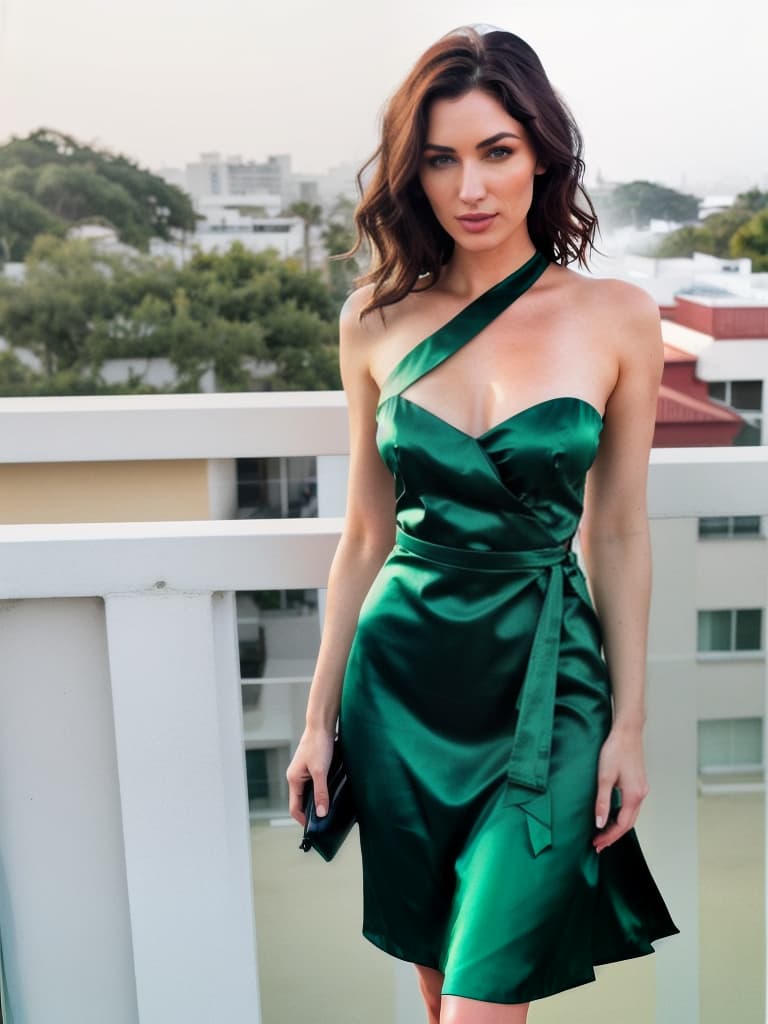  (meganfox:0.5), (Brittney Murphy:0.5), mature women, dark brown wavy hair, light green eyes, emerald green silk dress, right side slit on dress, thin shoulder straps, hands on hips, looking at camera, outside, late evening, moonlight, beachside, balcony, night, dark hyperrealistic, full body, detailed clothing, highly detailed, cinematic lighting, stunningly beautiful, intricate, sharp focus, f/1. 8, 85mm, (centered image composition), (professionally color graded), ((bright soft diffused light)), volumetric fog, trending on instagram, trending on tumblr, HDR 4K, 8K