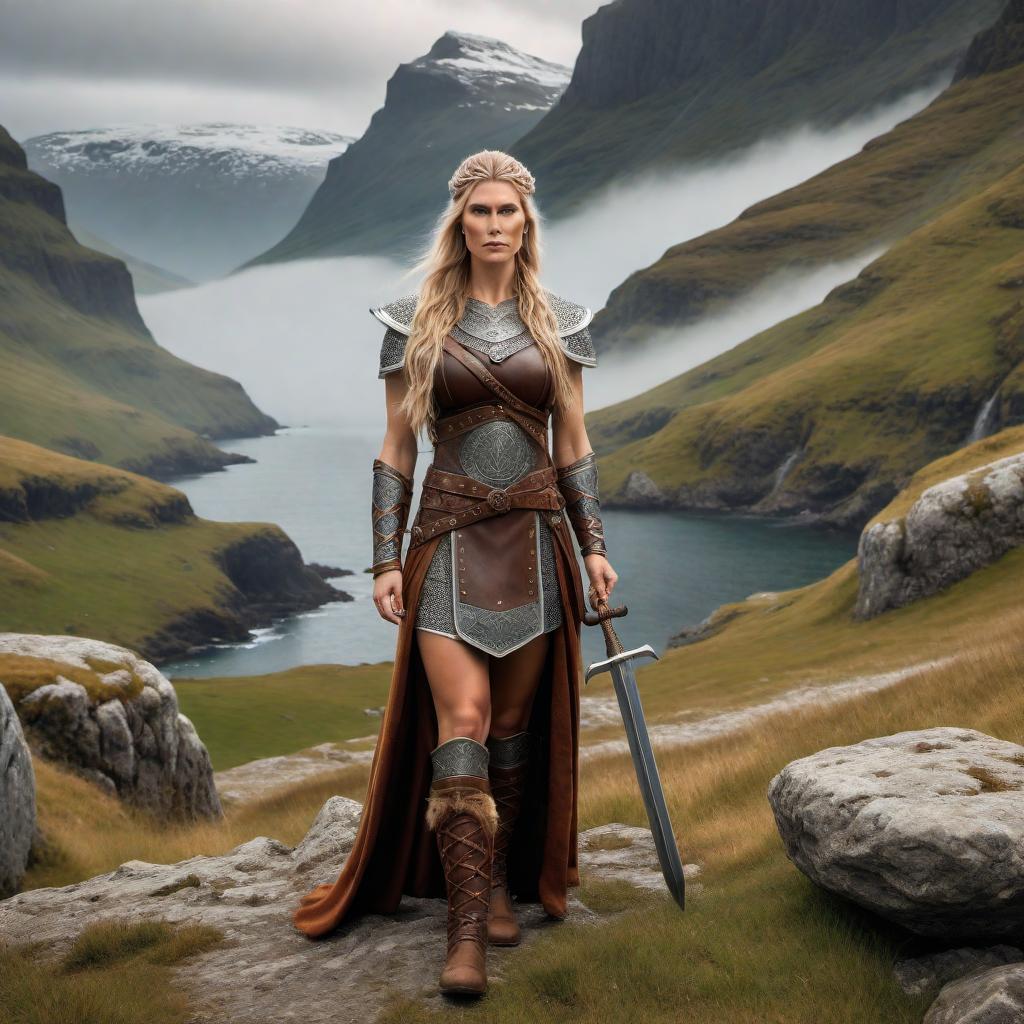  A fierce and determined Viking shieldmaiden standing in a rugged Nordic landscape. She has long, braided hair adorned with small, intricate Viking-style hairpieces. Her attire includes a traditional Viking tunic, trousers, leather boots, and a cloak. She wears leather or metal armor and carries a shield bearing Norse symbols. Nordic jewelry such as a Thor's hammer necklace and arm rings adorn her. The backdrop features a Viking village or a rocky coastline with mountains. The overall scene exudes strength, courage, and the spirit of the Viking era. hyperrealistic, full body, detailed clothing, highly detailed, cinematic lighting, stunningly beautiful, intricate, sharp focus, f/1. 8, 85mm, (centered image composition), (professionally color graded), ((bright soft diffused light)), volumetric fog, trending on instagram, trending on tumblr, HDR 4K, 8K