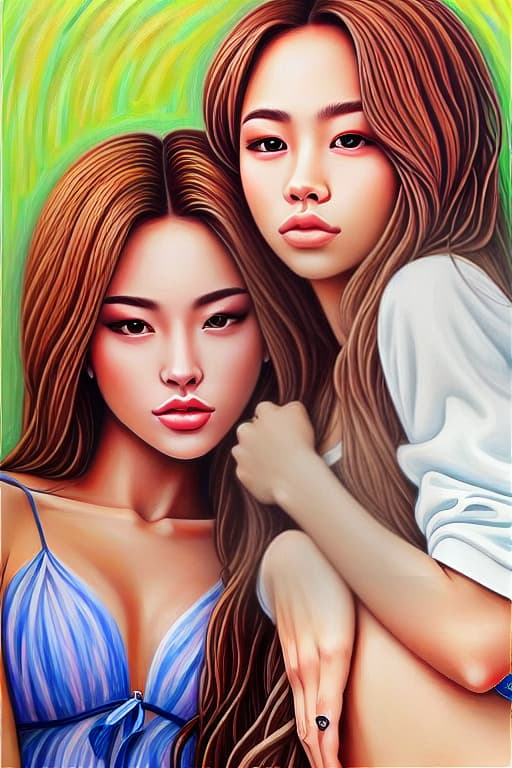  High resolution, ultra - realistic painting Charly Jordan and Jennie Kim lovers, woman love woman realistic face, perfect body full body