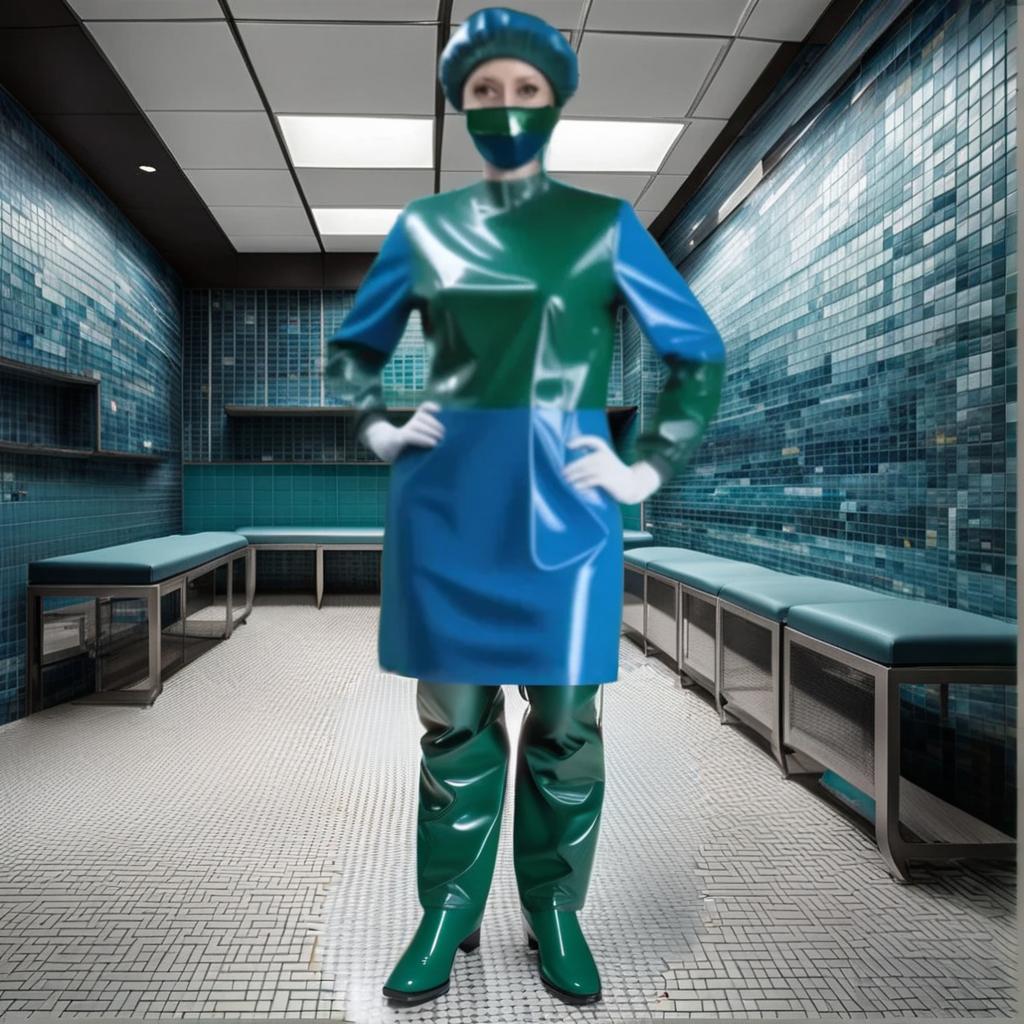  Equal bent legs, separated to the sides, with surgical trousers worn on the legs, made of glossy latex, dark green in color and up to calf length. Английский перевод: Flat bent legs, positioned to the sides, surgeon's trousers worn on the legs, made of glossy latex, dark green in color, which reach up to the calf. hyperrealistic, full body, detailed clothing, highly detailed, cinematic lighting, stunningly beautiful, intricate, sharp focus, f/1. 8, 85mm, (centered image composition), (professionally color graded), ((bright soft diffused light)), volumetric fog, trending on instagram, trending on tumblr, HDR 4K, 8K