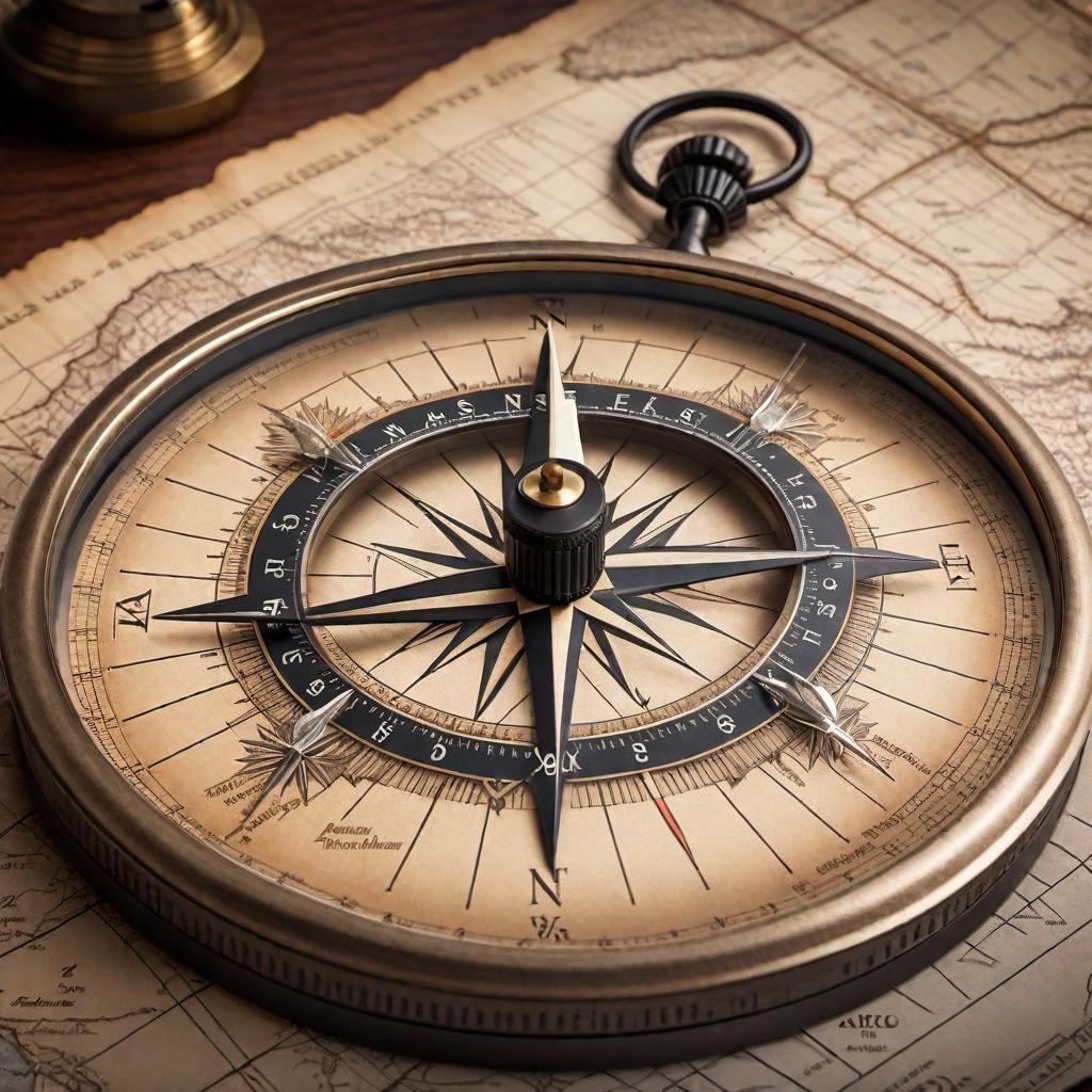  A traditional compass showing its needle pointing towards the north, surrounded by markings indicating directions (N, S, E, and W). The background includes a subtle map or nautical theme to give context to the compass's usage. hyperrealistic, full body, detailed clothing, highly detailed, cinematic lighting, stunningly beautiful, intricate, sharp focus, f/1. 8, 85mm, (centered image composition), (professionally color graded), ((bright soft diffused light)), volumetric fog, trending on instagram, trending on tumblr, HDR 4K, 8K