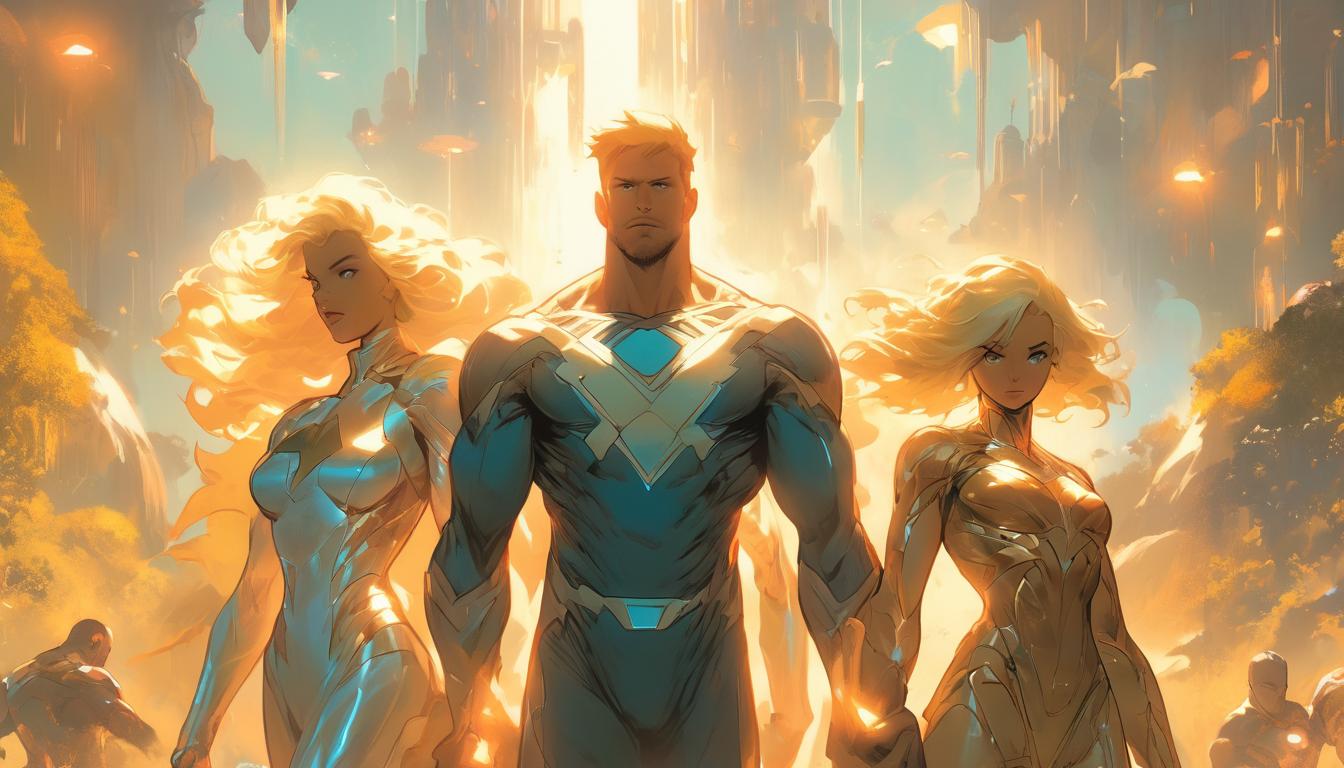  hyperrealism,fantasy aesthetic1man1woman, attractive blonde man humanoid and large busted blonde arian female humanoids, walking in nature, beams of light from the sky, serene and enchanted environment, high tech clothing clad in sleek, futuristic costume with metallic accents and form fitting designs, marvel superhero comics style, unreal engine rendering