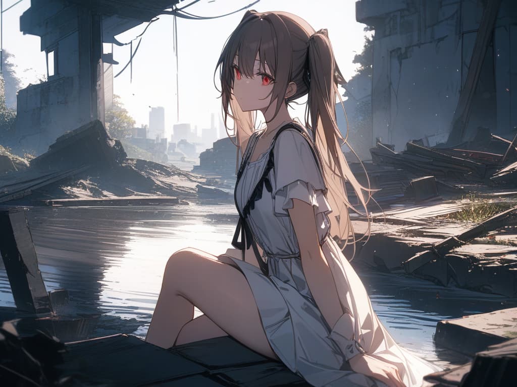  Hair colored beige, twin tails, black ribbon on hair, stars, light, ruins, some natural, water, sitting, red eyes, masterpiece, best quality,8k,ultra detailed,high resolution,an extremely delicate and beautiful,hyper detail