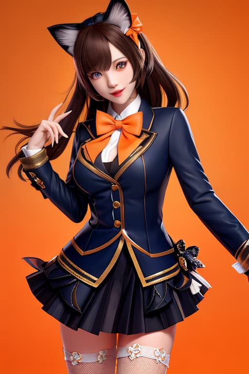  masterpiece, best quality, 1, solo, animal ears, bow, teeth, jacket, tail, open mouth, brown hair, orange background, bowtie, orange nails, simple background, cat ears, orange eyes, blue bow, animal ear fluff, cat tail, looking at viewer, upper body, shirt, uniform, hood, striped bow, striped, white shirt, black jacket, blue bowtie, fingernails, long sleeves, cat , bangs, fangs, collared shirt, striped bowtie, short hair, tongue, hoodie, sharp teeth, facial mark, claw pose hyperrealistic, full body, detailed clothing, highly detailed, cinematic lighting, stunningly beautiful, intricate, sharp focus, f/1. 8, 85mm, (centered image composition), (professionally color graded), ((bright soft diffused light)), volumetric fog, trending on instagram, trending on tumblr, HDR 4K, 8K