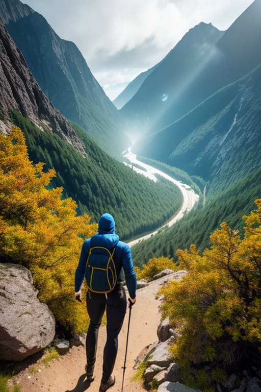  Man hiking in a mountain illustration 90s anime style hyperrealistic, full body, detailed clothing, highly detailed, cinematic lighting, stunningly beautiful, intricate, sharp focus, f/1. 8, 85mm, (centered image composition), (professionally color graded), ((bright soft diffused light)), volumetric fog, trending on instagram, trending on tumblr, HDR 4K, 8K