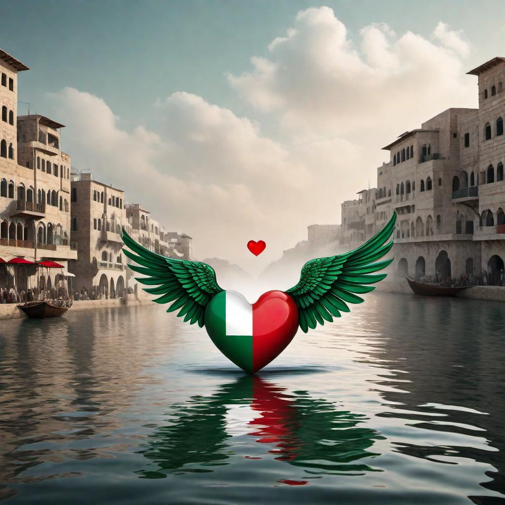  An illustration featuring a heart with wings waving the Palestine flag over a river or sea. The heart is decorated with the colors of the Palestine flag: black, white, green, and red. The wings should appear dynamic, as if fluttering above the water, with a clear reflection of the heart and wings on the water's surface. The overall image should convey emotions of love, unity, freedom, and support. hyperrealistic, full body, detailed clothing, highly detailed, cinematic lighting, stunningly beautiful, intricate, sharp focus, f/1. 8, 85mm, (centered image composition), (professionally color graded), ((bright soft diffused light)), volumetric fog, trending on instagram, trending on tumblr, HDR 4K, 8K