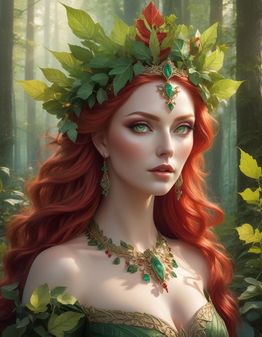  hyperrealistic art A woman with vibrant red hair and a crown of green leaves set against a soft, forest like backdrop. there is a woman with red hair and green eyes surrounded by leaves, goddess of autumn, beautiful autumn spirit, beautiful digital artwork, fantasy portrait art, hyperrealistic fantasy art, fantasy portrait, fantasy art portrait, detailed fantasy digital art, beautiful fantasy art portrait, detailed matte fantasy portrait, gorgeous digital art, beautiful digital art, portrait of a dryad, beautiful fantasy portrait . extremely high resolution details, photographic, realism pushed to extreme, fine texture, incredibly lifelike hyperrealistic, full body, detailed clothing, highly detailed, cinematic lighting, stunningly beautiful, intricate, sharp focus, f/1. 8, 85mm, (centered image composition), (professionally color graded), ((bright soft diffused light)), volumetric fog, trending on instagram, trending on tumblr, HDR 4K, 8K