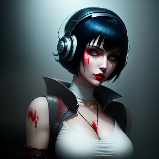  Anime style face of a girl with black short hair and blue eyes, red lips, and white headphones on her head., dark , creepy , blood , monsters , by Jason Engle , Carlos Huante , Charlie Bowater , Simon Lee , Brom hyperrealistic, full body, detailed clothing, highly detailed, cinematic lighting, stunningly beautiful, intricate, sharp focus, f/1. 8, 85mm, (centered image composition), (professionally color graded), ((bright soft diffused light)), volumetric fog, trending on instagram, trending on tumblr, HDR 4K, 8K