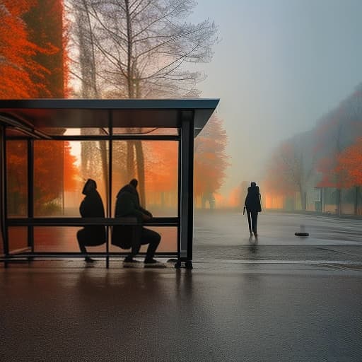 dvarchmodern busstop people chelabinsk rain, (Surrealism), dreamlike , distorted , abstract , symbolic hyperrealistic, full body, detailed clothing, highly detailed, cinematic lighting, stunningly beautiful, intricate, sharp focus, f/1. 8, 85mm, (centered image composition), (professionally color graded), ((bright soft diffused light)), volumetric fog, trending on instagram, trending on tumblr, HDR 4K, 8K