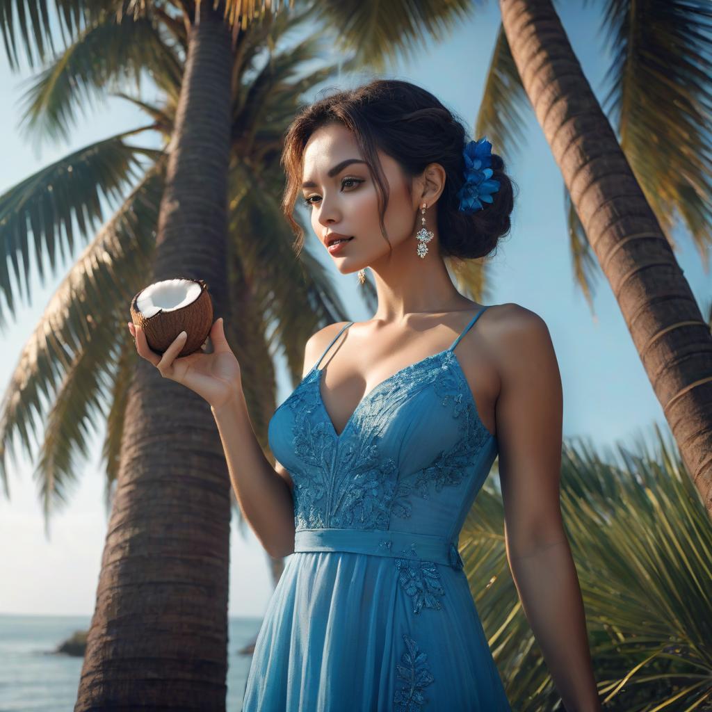  a woman stands tall in a blue dress, leans against a palm tree and drinks from a coconut hyperrealistic, full body, detailed clothing, highly detailed, cinematic lighting, stunningly beautiful, intricate, sharp focus, f/1. 8, 85mm, (centered image composition), (professionally color graded), ((bright soft diffused light)), volumetric fog, trending on instagram, trending on tumblr, HDR 4K, 8K