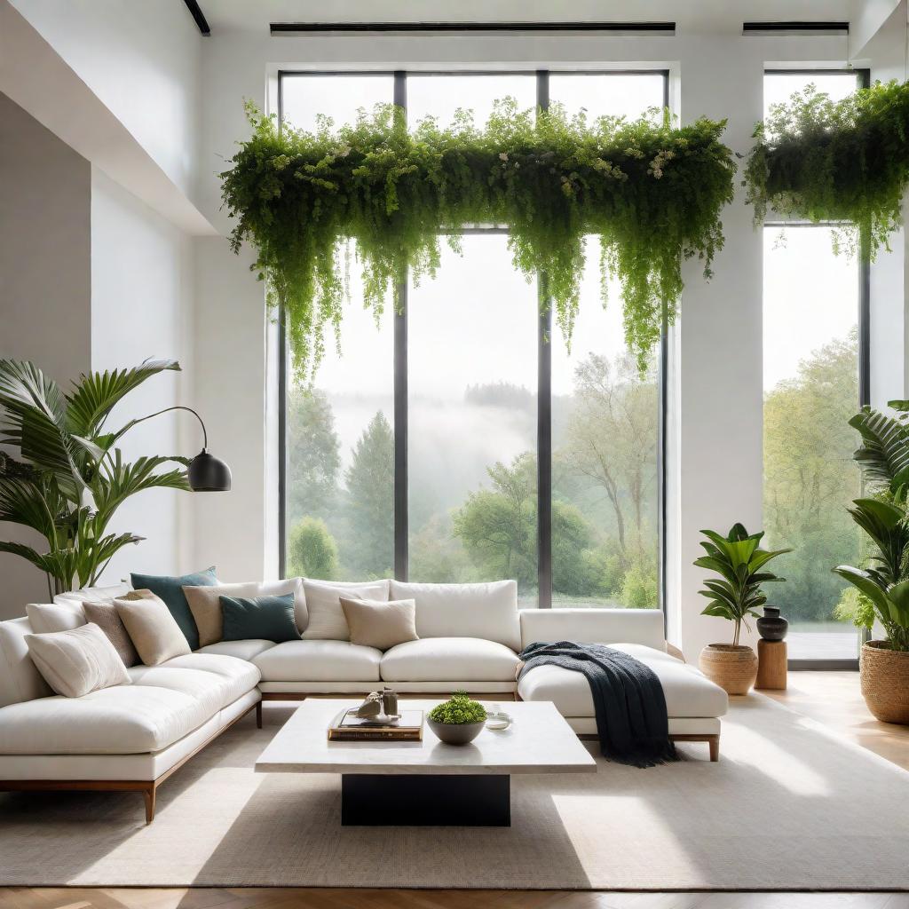  A modern living room with a white color scheme, featuring a high ceiling and windows from floor to ceiling. The space is filled with natural light streaming in through the expansive windows, creating a bright and airy atmosphere. Contemporary furniture includes a comfortable white sofa, sleek coffee table, and stylish decor elements. The room has a minimalist design, with clean lines and understated elegance, complemented by subtle touches of greenery and artwork. hyperrealistic, full body, detailed clothing, highly detailed, cinematic lighting, stunningly beautiful, intricate, sharp focus, f/1. 8, 85mm, (centered image composition), (professionally color graded), ((bright soft diffused light)), volumetric fog, trending on instagram, trending on tumblr, HDR 4K, 8K