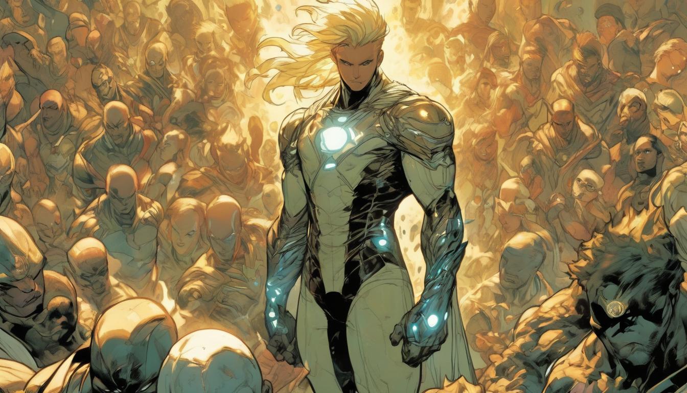  hyperrealism,fantasy aesthetic1man, attractive blonde arian male humanoid, serene expression, standing in a noisy crowd, inner voice depicted as light around him, high tech clothing clad in sleek, futuristic costume with metallic accents and form fitting designs, marvel superhero comics style, unreal engine rendering