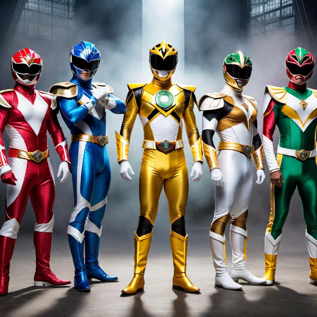  A detailed image of the Mighty Morphin Power Rangers band members standing together in their iconic superhero costumes. Each member should be in a dynamic pose, showcasing their individual colors and helmets. The background should be slightly futuristic and vibrant to match the theme of the Power Rangers. hyperrealistic, full body, detailed clothing, highly detailed, cinematic lighting, stunningly beautiful, intricate, sharp focus, f/1. 8, 85mm, (centered image composition), (professionally color graded), ((bright soft diffused light)), volumetric fog, trending on instagram, trending on tumblr, HDR 4K, 8K