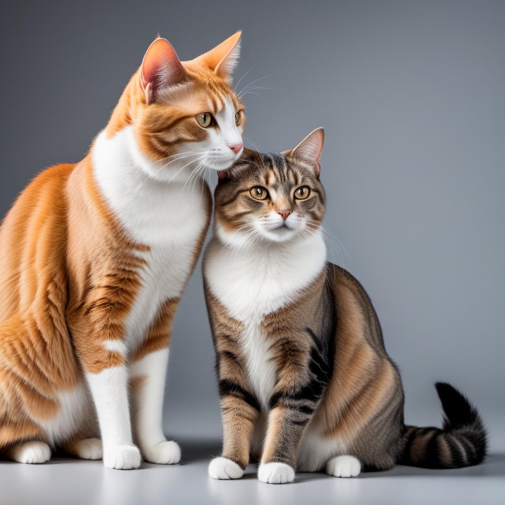  A brighter and sharper version of the image of two cats in an affectionate pose. Enhance the colors, contrast, and clarity to make them more visually appealing. Maintain the cozy, indoor setting and affectionate atmosphere between the cats. hyperrealistic, full body, detailed clothing, highly detailed, cinematic lighting, stunningly beautiful, intricate, sharp focus, f/1. 8, 85mm, (centered image composition), (professionally color graded), ((bright soft diffused light)), volumetric fog, trending on instagram, trending on tumblr, HDR 4K, 8K