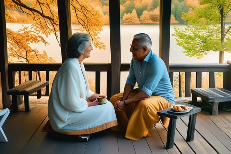  "Closeup of a serene elderly couple sitting on a cozy porch, overlooking a picturesque landscape with rolling hills, a calm lake, and vibrant autumn foliage. The couple is smiling, exuding contentment and peace. The porch is adorned with comfortable chairs and a small table with a teapot and cups. The background is detailed yet subtle, enhancing the tranquility without distracting from the couple. The image is realistic, high quality, and warmly lit, capturing the essence of an ideal retirement. Style modifiers: ultra realistic, high resolution, warm tones. Quality modifiers: 8K, HDR, photorealistic. Mood: peaceful, content, inviting."Ensure no face,leg,hand or eye defomities.Ensure all images are clear, detailed, contains no text and no de hyperrealistic, full body, detailed clothing, highly detailed, cinematic lighting, stunningly beautiful, intricate, sharp focus, f/1. 8, 85mm, (centered image composition), (professionally color graded), ((bright soft diffused light)), volumetric fog, trending on instagram, trending on tumblr, HDR 4K, 8K