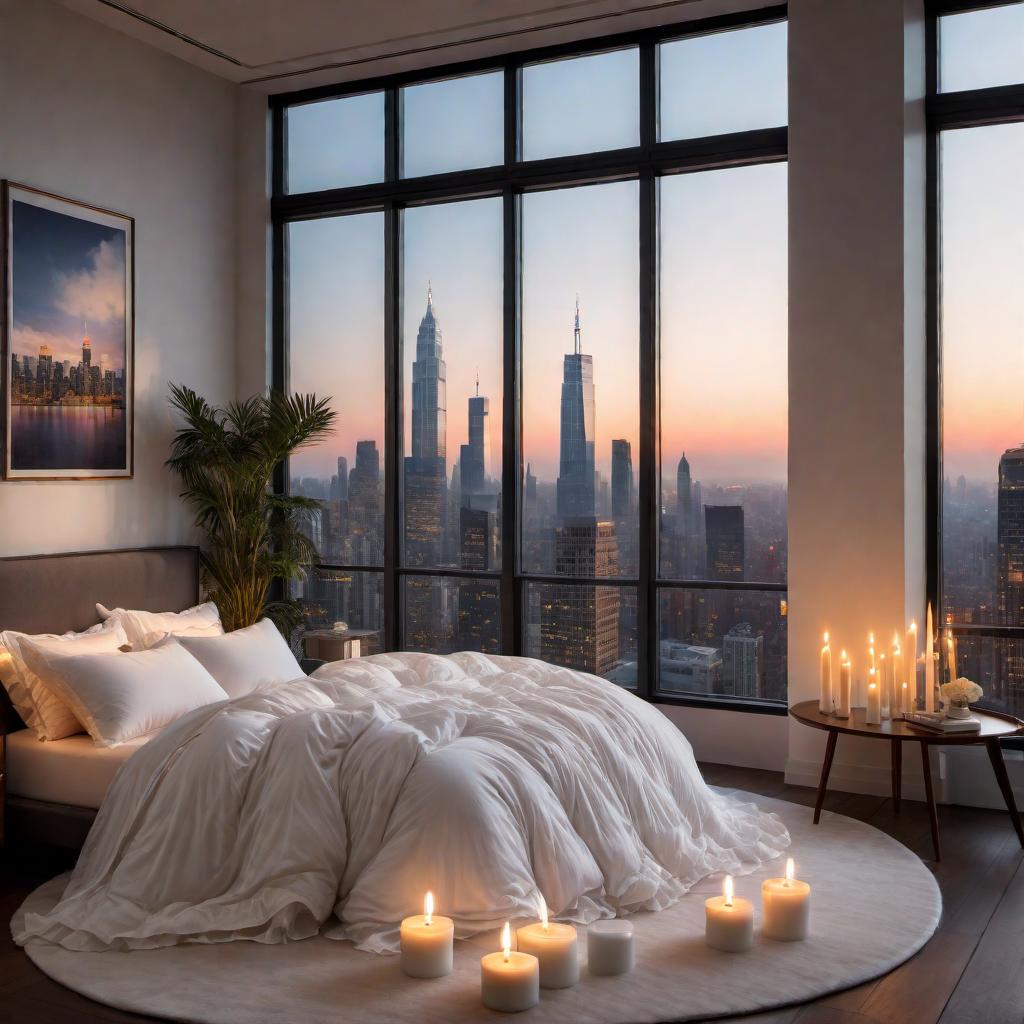  A cozy bedroom scene with a view of a city skyline at night through large windows. The bed has a ruffled duvet, looking soft and comfortable. There are candles placed on the floor, creating a warm and romantic atmosphere. The glow from the city buildings outside suggests an urban environment, adding to the peaceful setting for relaxation or sleep. hyperrealistic, full body, detailed clothing, highly detailed, cinematic lighting, stunningly beautiful, intricate, sharp focus, f/1. 8, 85mm, (centered image composition), (professionally color graded), ((bright soft diffused light)), volumetric fog, trending on instagram, trending on tumblr, HDR 4K, 8K