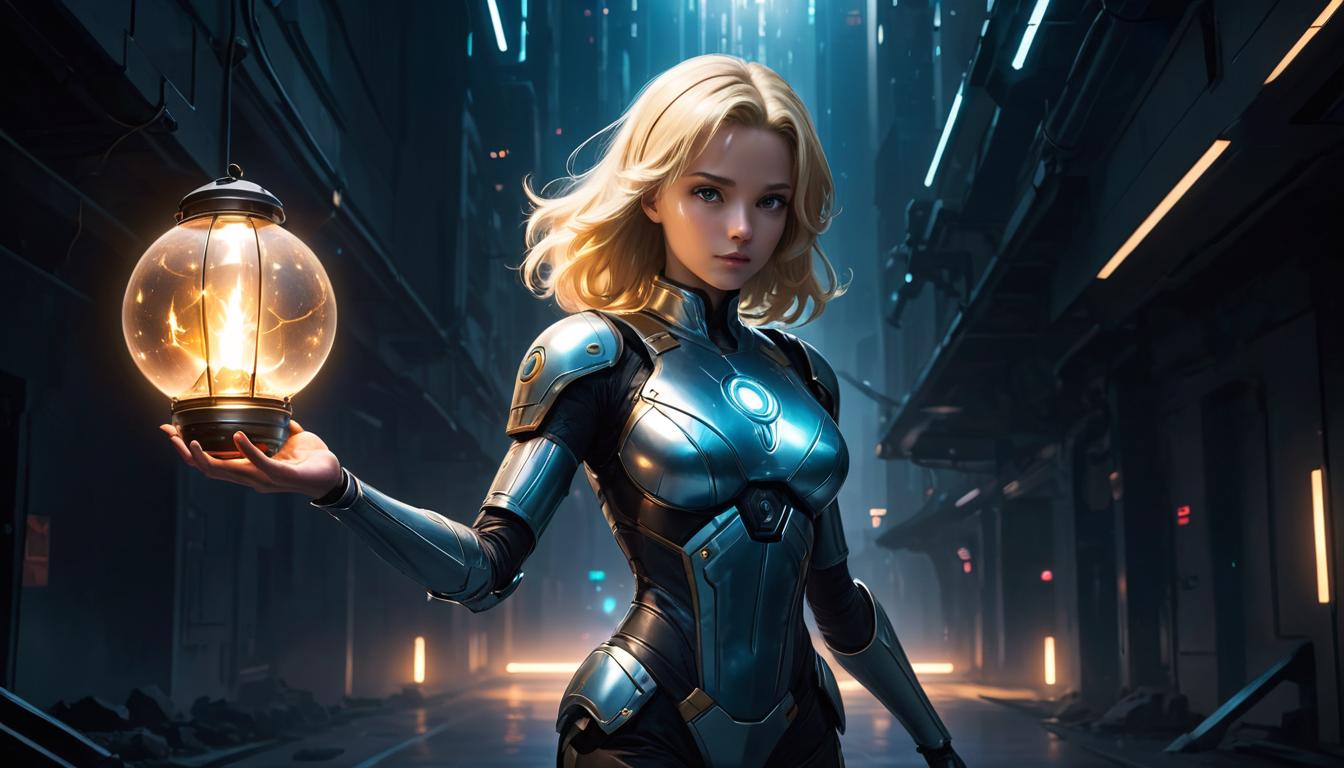  1girl, large busted blonde arian female humanoid, holding a glowing lantern, guiding a path of stardust, high tech clothing clad in sleek, futuristic costume with metallic accents and form fitting designs, marvel superhero comics style, unreal engine rendering