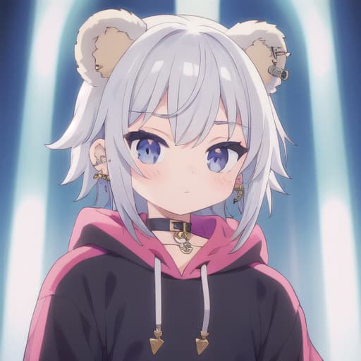  master piece , best quality,Bear ears, silver hair, boy, large hoodie, body piercing