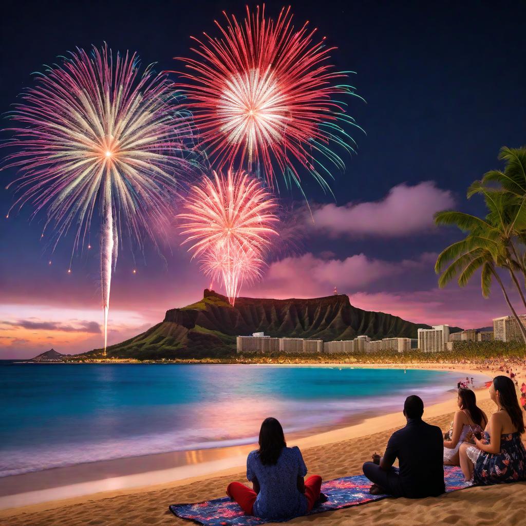  A vibrant fireworks show taking place over Diamond Head and Waikiki. The scene includes the iconic silhouette of Diamond Head in the background, with colorful fireworks illuminating the night sky. The foreground features the beach and ocean, with reflections of the fireworks on the water. People are gathered on the beach, some standing, some sitting on blankets, all enjoying the spectacular display. The setting is lively and festive, capturing the essence of a tropical celebration. hyperrealistic, full body, detailed clothing, highly detailed, cinematic lighting, stunningly beautiful, intricate, sharp focus, f/1. 8, 85mm, (centered image composition), (professionally color graded), ((bright soft diffused light)), volumetric fog, trending on instagram, trending on tumblr, HDR 4K, 8K