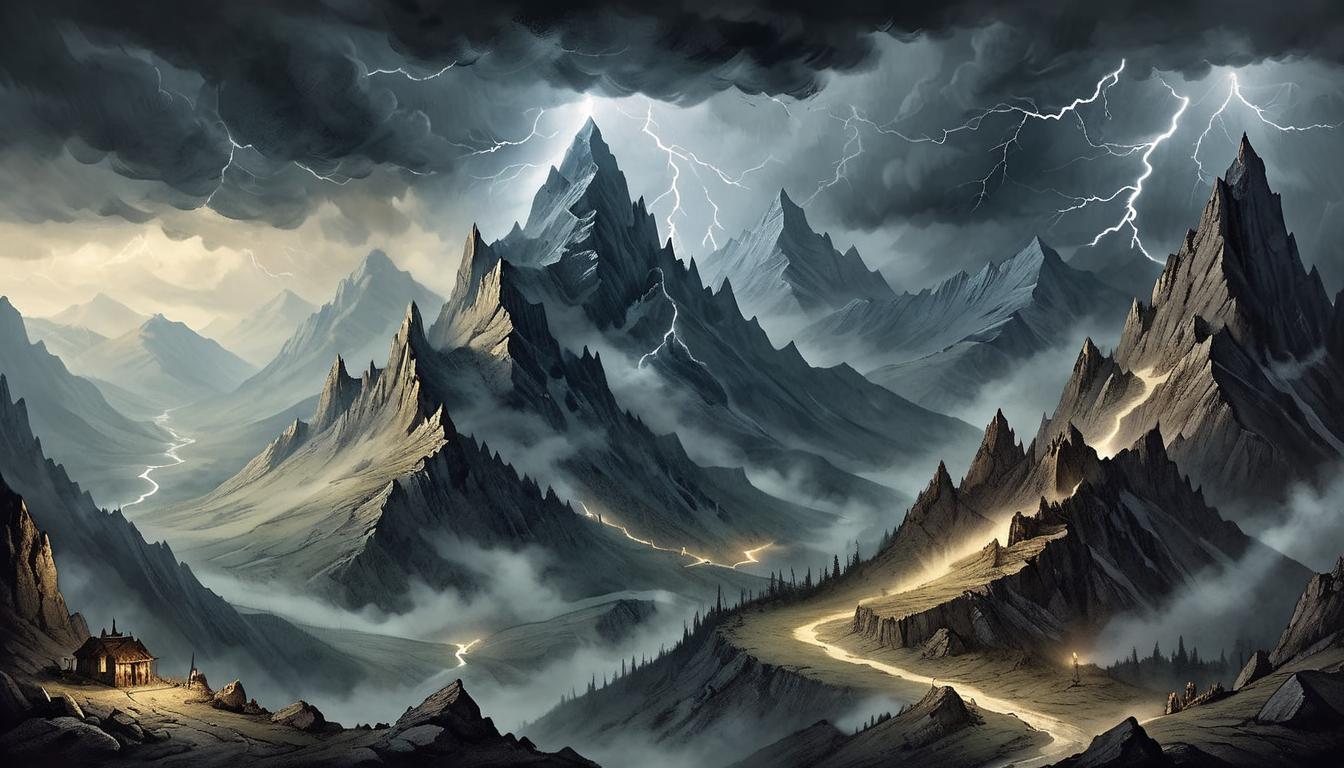  on parchment, surrealism+++, A daunting mountain range under stormy clouds, flashes of lightning illuminating the rugged peaks, dark valley below, challenging ascent, empowerment, resilience(mysterious, provocative, symbolic,muted color)+++