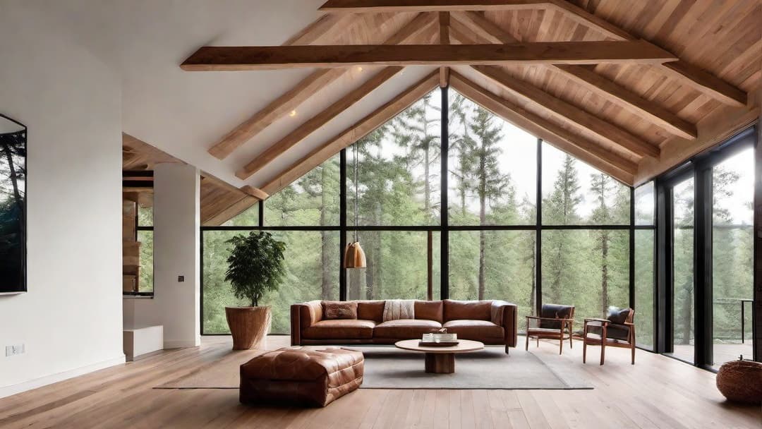  Lofty ceilings with exposed wooden beams, rustic log cabin interior design, natural wood textures, large windows with a forest view, cozy and inviting atmosphere, wooden floors, comfortable furniture, warm lighting, Scandinavian minimalism