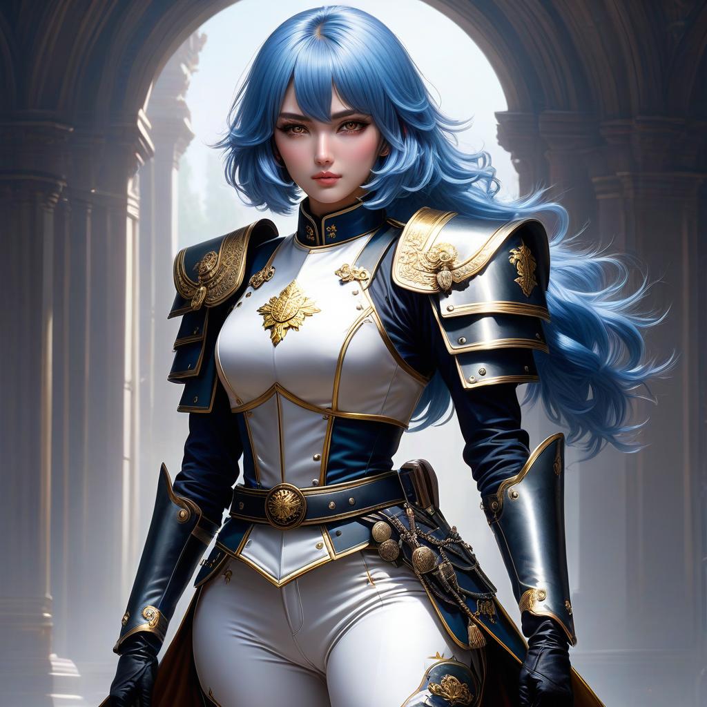  Girl, female cuirassier, ((full body)), blue hair, bob cut, bright yellow eyes, glowing eyes, hourglass figure, fully clothed, military uniform, (19th century ceremonial uniform), (cuirass), white clothes, white cloak, ((white leggings )), riding pants, black boots, over the knee boots, thigh high boots, tight boots, belt, choker, epaulettes, awards, ((prayer)), hands folded in a prayer gesture, looking at viewer, (extremely hyper detailed face), (masterpiece : 1.4), (perfect eyes: 1.1), (perfect hands), 2D, anime, extremely detailed clothes. hyperrealistic, full body, detailed clothing, highly detailed, cinematic lighting, stunningly beautiful, intricate, sharp focus, f/1. 8, 85mm, (centered image composition), (professionally color graded), ((bright soft diffused light)), volumetric fog, trending on instagram, trending on tumblr, HDR 4K, 8K