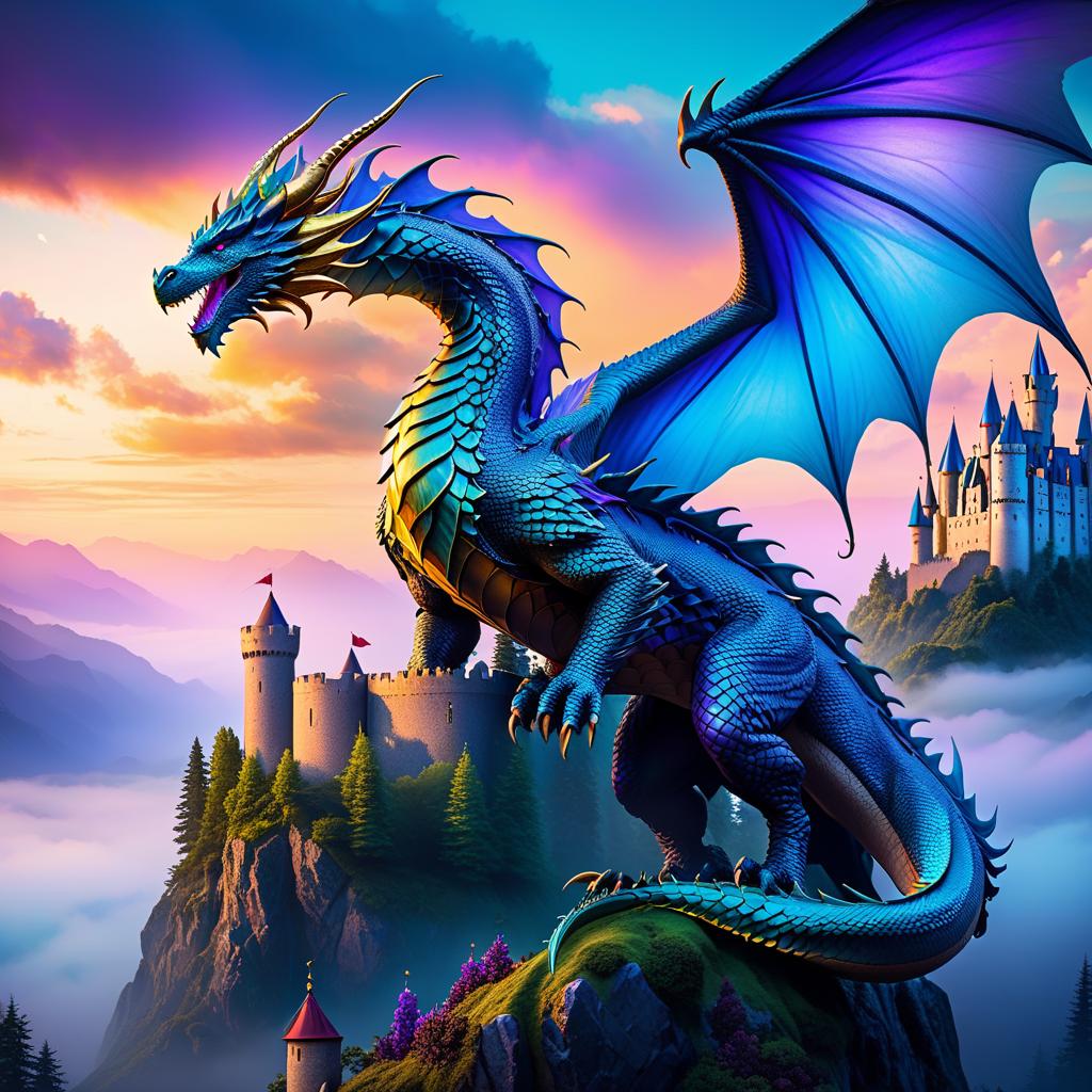  ethereal fantasy concept art of (Background): Blue sky. In the sky there is a green island. A castle with a scaly roof rises in the centre of the island. A large dragon is curled around the castle. He is its caring guardian. Foreground. (Dragon):Appearance: a peacefully slumbering dragon, hugging the castle with its wings. (Colour of scales and wings):blue, smoothly passing to pink violet wings with golden scales on the end. . magnificent, celestial, ethereal, painterly, epic, majestic, magical, fantasy art, cover art, dreamy hyperrealistic, full body, detailed clothing, highly detailed, cinematic lighting, stunningly beautiful, intricate, sharp focus, f/1. 8, 85mm, (centered image composition), (professionally color graded), ((bright soft diffused light)), volumetric fog, trending on instagram, trending on tumblr, HDR 4K, 8K