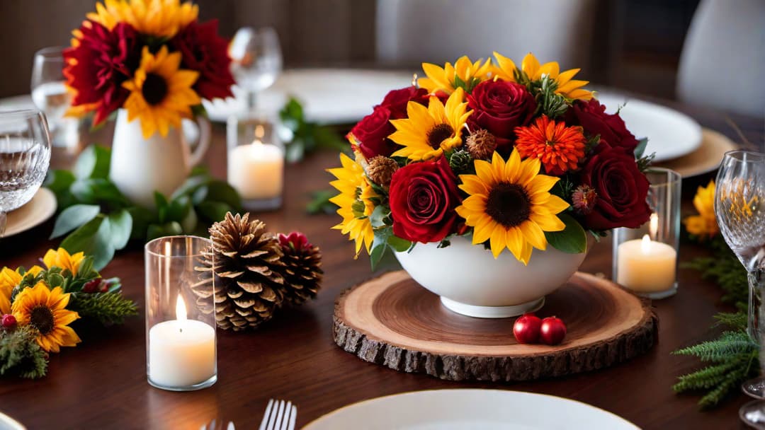  Create an image of a beautiful autumn wedding centerpiece showcasing a variety of vibrant flowers like deep red roses, orange dahlias, and golden sunflowers. Include rustic elements like wood slices and pine cones, as well as small white pumpkins and candles for a cozy and romantic feel. hyperrealistic, full body, detailed clothing, highly detailed, cinematic lighting, stunningly beautiful, intricate, sharp focus, f/1. 8, 85mm, (centered image composition), (professionally color graded), ((bright soft diffused light)), volumetric fog, trending on instagram, trending on tumblr, HDR 4K, 8K