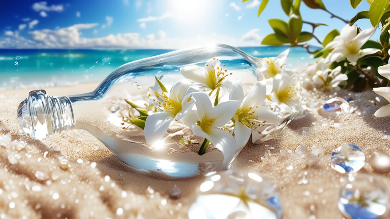  best quality, HD, Beach summer panoramic background with Jasmine flower on the cristal sand and glory water