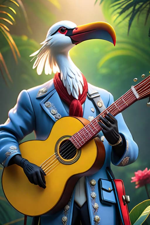  Stork bird playing guitar hyperrealistic, full body, detailed clothing, highly detailed, cinematic lighting, stunningly beautiful, intricate, sharp focus, f/1. 8, 85mm, (centered image composition), (professionally color graded), ((bright soft diffused light)), volumetric fog, trending on instagram, trending on tumblr, HDR 4K, 8K