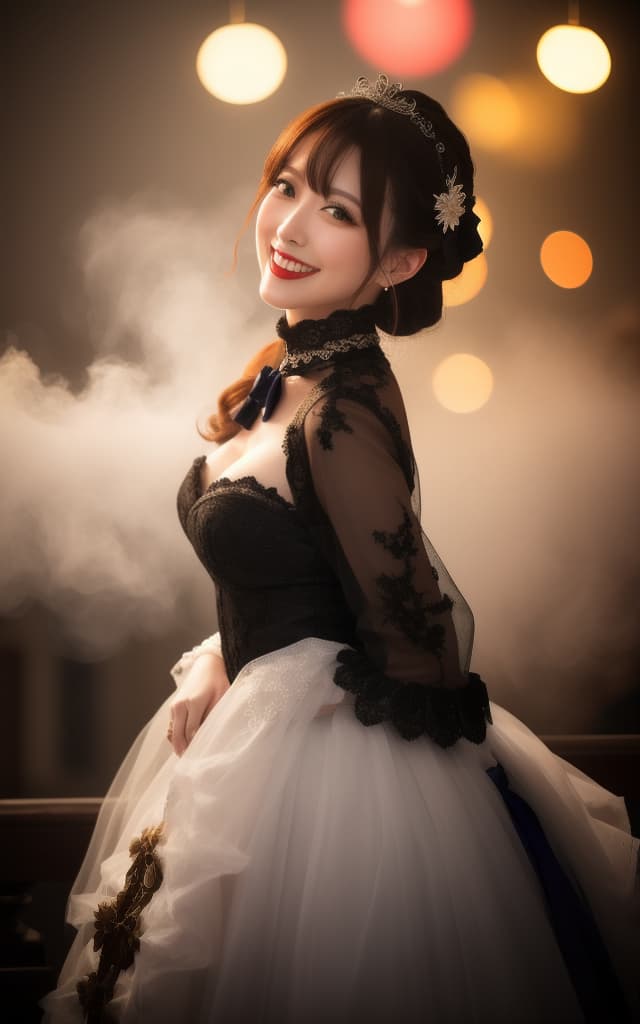  (RAW capture: 1.2), 32K quality, Masterpiece, Raw image, Dramatic lighting, Concert venue, Gothic Lolita fashion, (Photorealistic: 1.4), (Masterpiece: 1.3), (Top quality: 1.4), Beautiful, lovely Japanese woman, ((female porn star　Yura Kano)) (((Big smile))) hyperrealistic, full body, detailed clothing, highly detailed, cinematic lighting, stunningly beautiful, intricate, sharp focus, f/1. 8, 85mm, (centered image composition), (professionally color graded), ((bright soft diffused light)), volumetric fog, trending on instagram, trending on tumblr, HDR 4K, 8K