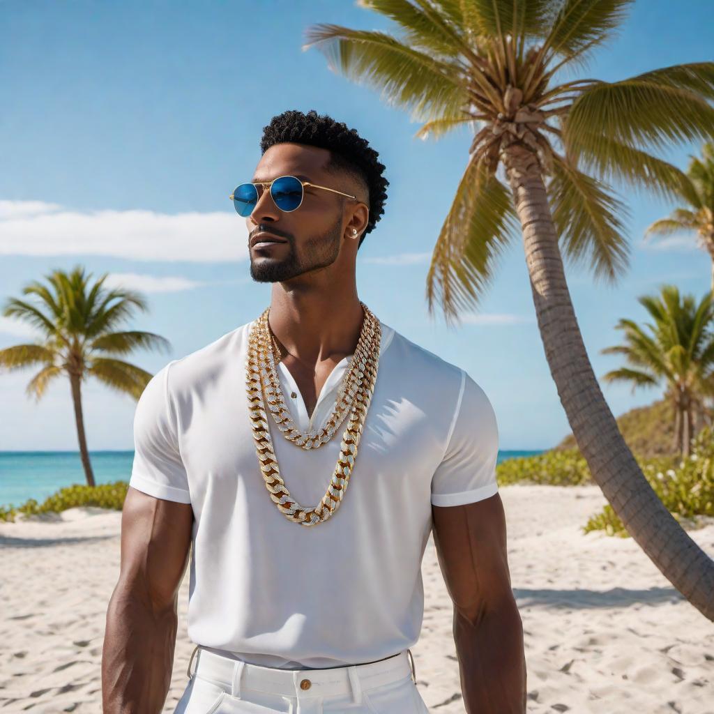  A male model at the beach wearing a diamond-clustered Cuban link chain. The scene includes palm trees and a beautiful beach backdrop with clear blue skies and the ocean visible in the background. hyperrealistic, full body, detailed clothing, highly detailed, cinematic lighting, stunningly beautiful, intricate, sharp focus, f/1. 8, 85mm, (centered image composition), (professionally color graded), ((bright soft diffused light)), volumetric fog, trending on instagram, trending on tumblr, HDR 4K, 8K