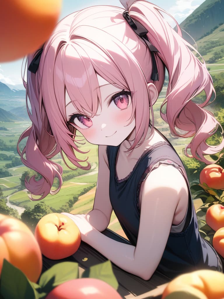  Cute, , pink hair, twin tails, pink eyes, young face, big s, peaches, fruits, white skin, smiles, valley, thin body, tank top, fluffy hair, big s, masterpiece, best quality,8k,ultra detailed,high resolution,an extremely delicate and beautiful,hyper detail