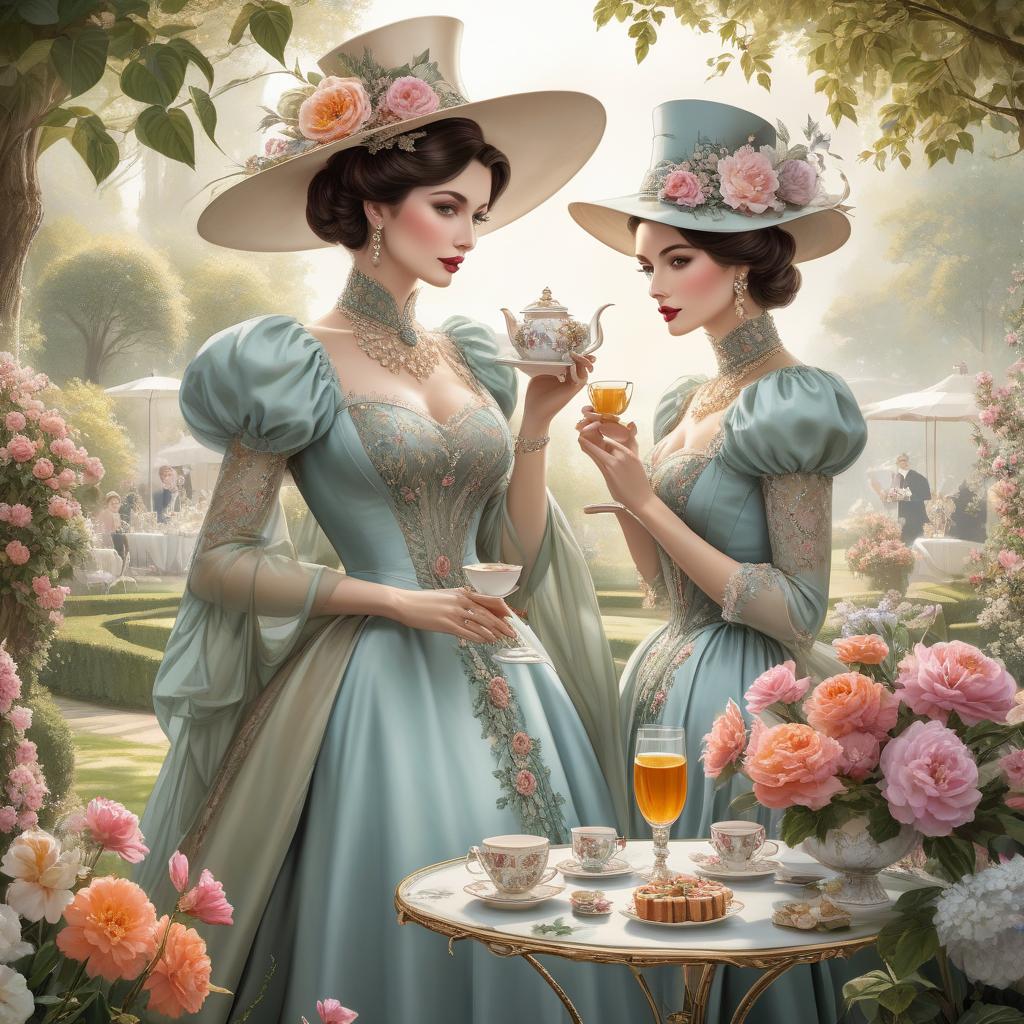  A couple of elegant women dressed in vintage gowns and hats, sipping tea and nibbling on delicate pastries at a lavish garden party. in the style of Albena Vatcheva, high definition acrylic art, extremely detailed, intricate, ornate, muted colours, acrylic on structured paper, elaborate, crisp quality hyperrealistic, full body, detailed clothing, highly detailed, cinematic lighting, stunningly beautiful, intricate, sharp focus, f/1. 8, 85mm, (centered image composition), (professionally color graded), ((bright soft diffused light)), volumetric fog, trending on instagram, trending on tumblr, HDR 4K, 8K