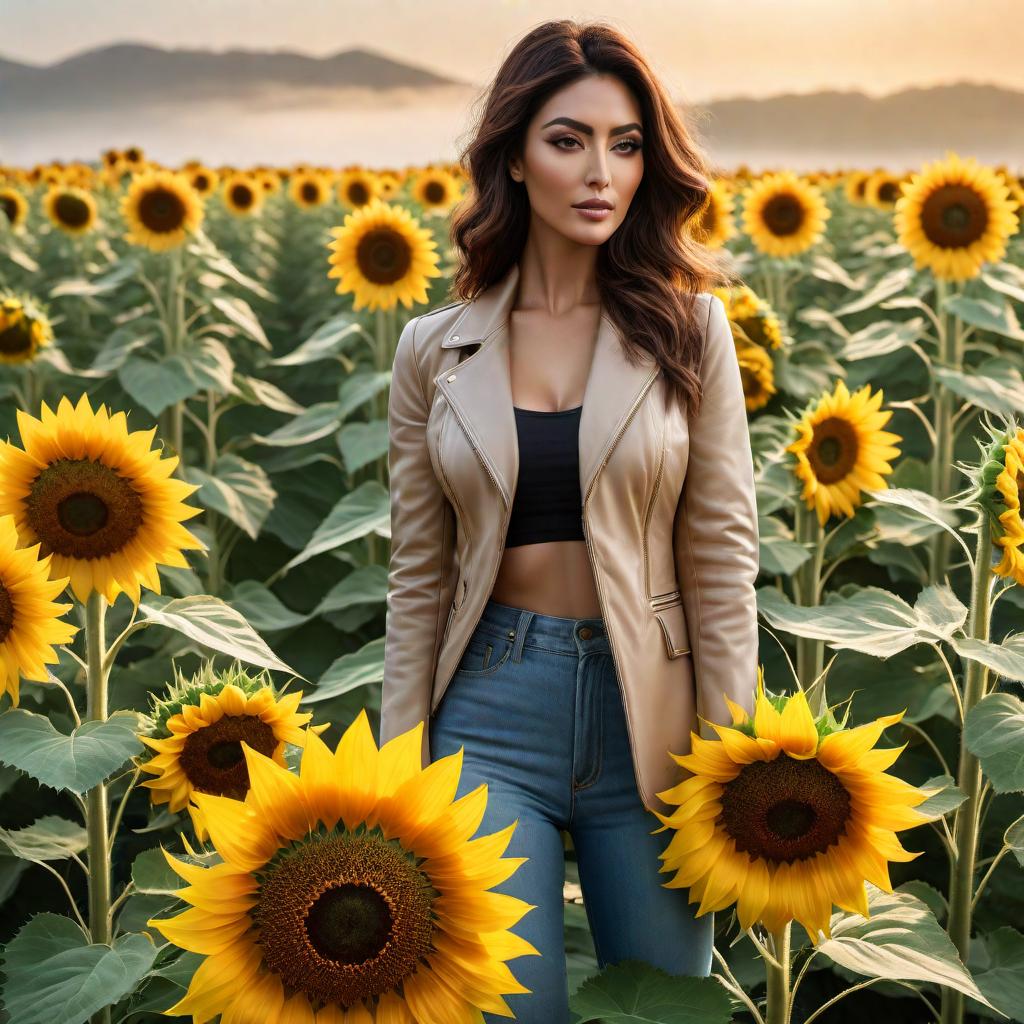  A beautiful and vibrant sunflower artwork inspired by Berlinda Gomez. The sunflower should be in full bloom with vivid yellow petals, a rich brown center, and green leaves. The background could be a clear blue sky or a warm gradient that highlights the flower's colors. The overall feel should be artistic and lively, capturing the essence of a sunflower on a sunny day. hyperrealistic, full body, detailed clothing, highly detailed, cinematic lighting, stunningly beautiful, intricate, sharp focus, f/1. 8, 85mm, (centered image composition), (professionally color graded), ((bright soft diffused light)), volumetric fog, trending on instagram, trending on tumblr, HDR 4K, 8K