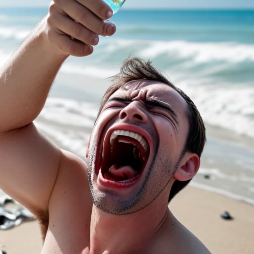  a man screaming on the beach and hold a broken glass cup