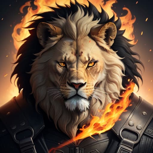  fusion of lion and ghost rider , head is skull of lion burning , body is of lion but in skeleton and burning in fire, hyperrealistic, high quality, highly detailed, perfect lighting, intricate, sharp focus, f/1. 8, 85mm, (centered image composition), (professionally color graded), ((bright soft diffused light)), trending on instagram, HDR 4K, 8K