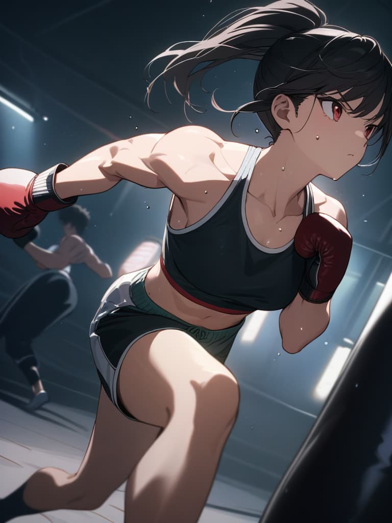  ((punching bag)),boxer,boxer ,pretty ,cool,handsome ,ponytail,red eyes,black hair,dynamic,sweat splashing,punch,((punching a punching bag)),((boxing gloves)),sports ,abdominal muscles,shorts,sporty ,((punching bag)),boxer,boxer ,pretty ,cool,handsome ,ponytail,red eyes,black hair,dynamic,sweat splashing,punch,((punching a punching bag)),((boxing gloves)),sports ,abdominal muscles,shorts,sporty ,ultra detailed,best shadow,cute and beautiful face,(masterpiece:1.2),(best quality:1.2),detailed background,high contrast,(best illumination,an extremely delicate and beautiful),((cinematic light)),hyper detail,dramatic light,intricate details,8k,anime,very aesthetic, masterpiece, best quality,8k,ultra detailed,h